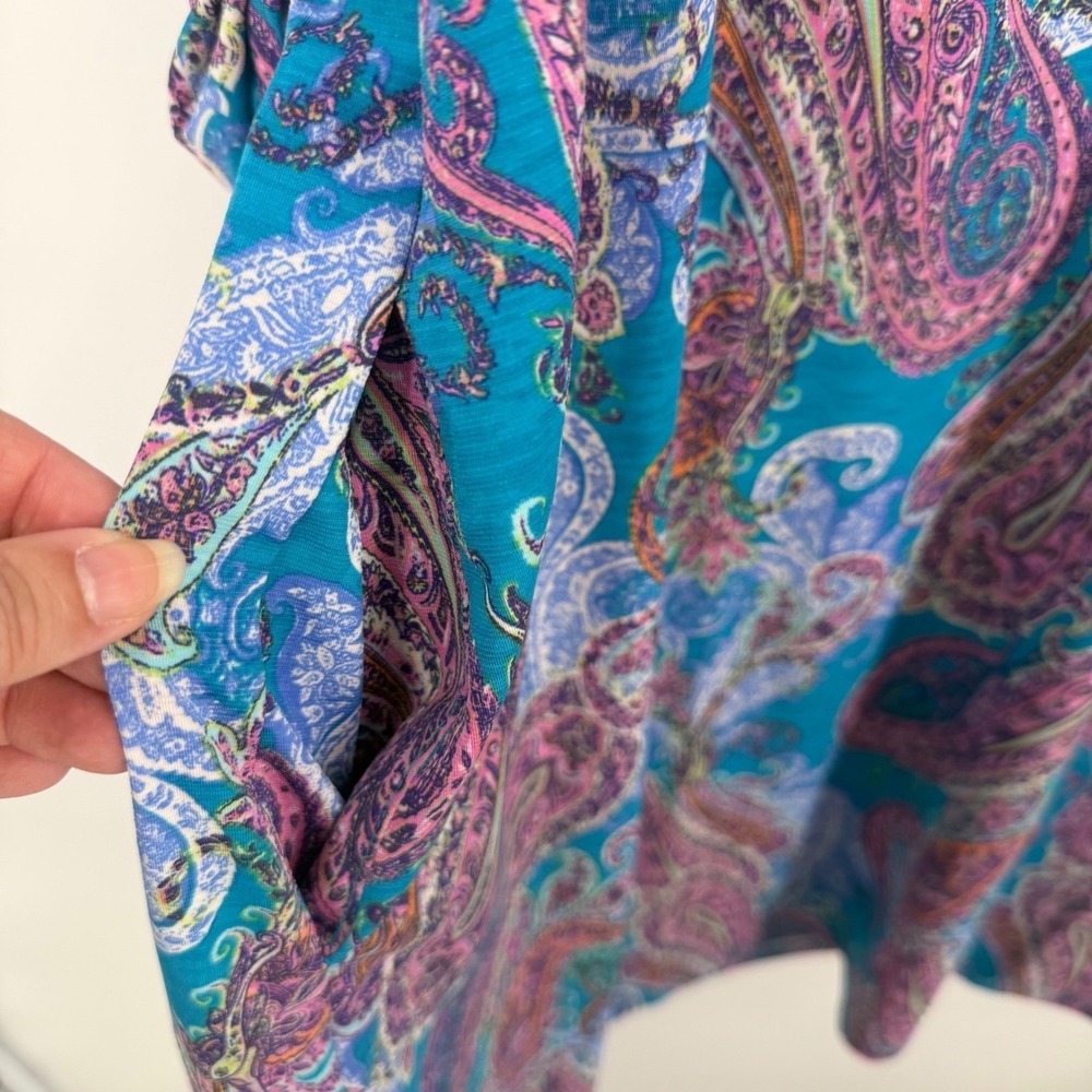 Dear Scarlett Teal Pink Paisley Roll Tab Sleeve Shift Dress 2X Non Wrinkle - Picture 3 of 10